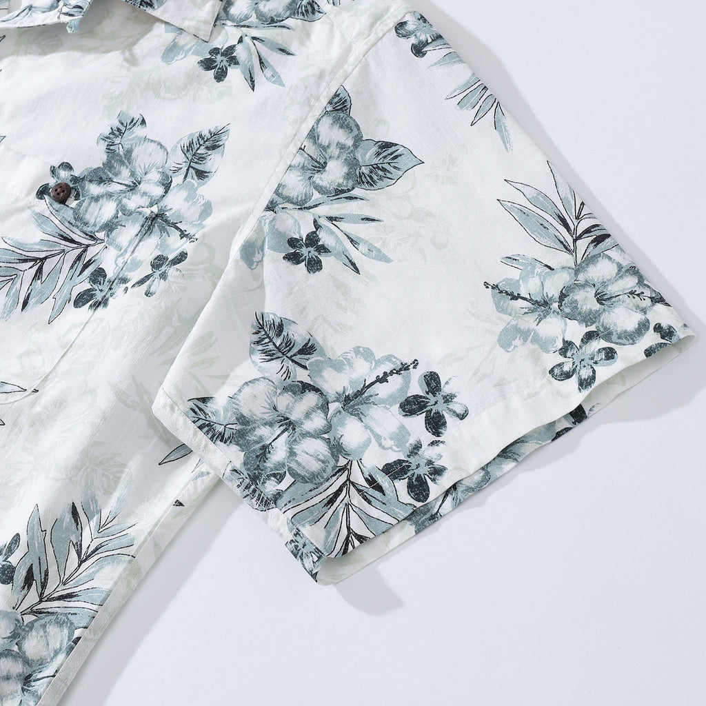 1920s Vintage Men's Hawaiian Shirt Hibiscus Egg Flower Turtle Shell Bamboo and Palm Leaf Print Camp Aloha Shirt